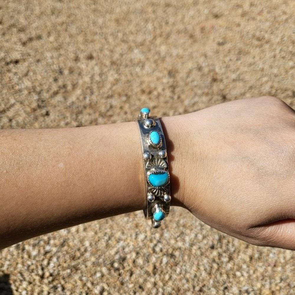 Vintage Native American 5 Stone Turquoise w/ Pyrite, Handmade Cuff Bracelet